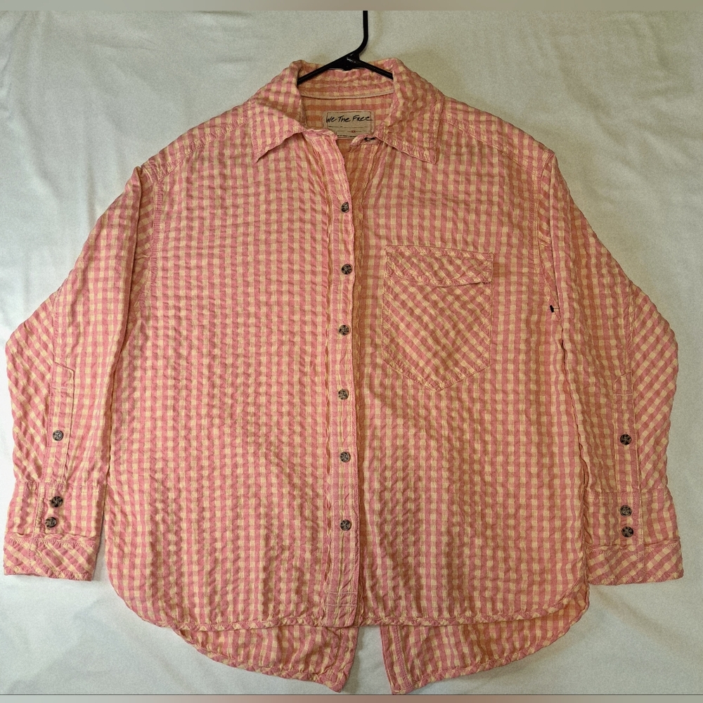 We The Free Pink and‎ Yellow Checkered Top XS Oversized Cottage Core Coquette